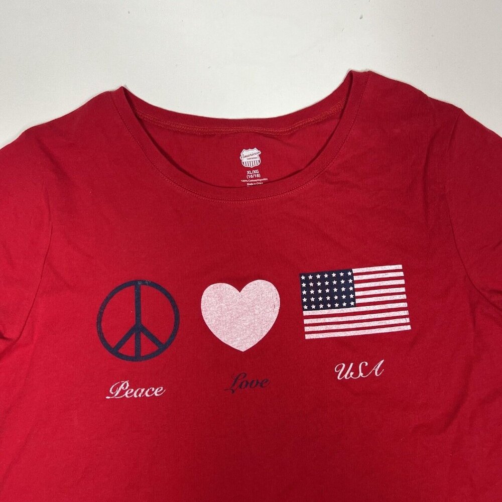American Summer Women Red Tshirt Size XL 16/18 Peace Love USA Flag Heart NWT - Picture 5 of 12